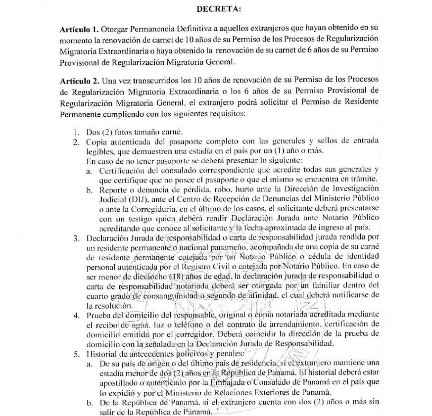 Migración da cumplimiento a Decreto Ejecutivo que otorga permanencia definitiva a extranjeros