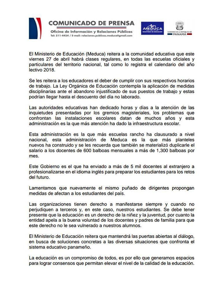 Los maestros anuncian huelga y Meduca dice que sí hay clases este viernes