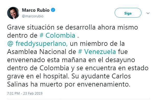 Senador Marco Rubio señala envenenamiento de diputado venezolano