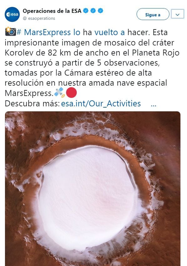 Agencia espacial publica imagen de cráter en Marte cubierto todo de hielo