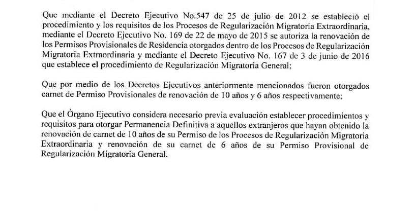 Migración da cumplimiento a Decreto Ejecutivo que otorga permanencia definitiva a extranjeros