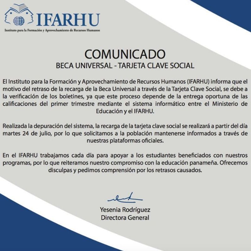 IFARHU anuncia la fecha de pago de la Beca Universal a través de Tarjeta Clave
