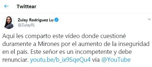 Zulay Rodríguez vuelve a pedir la renuncia del ministro Rolando Mirones. Video