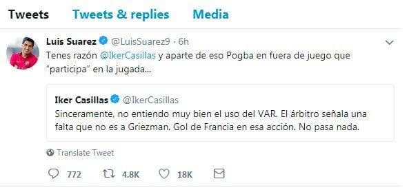 El portero español Íker Casillas criticó el uso del VAR y Luis Suárez lo secundó
