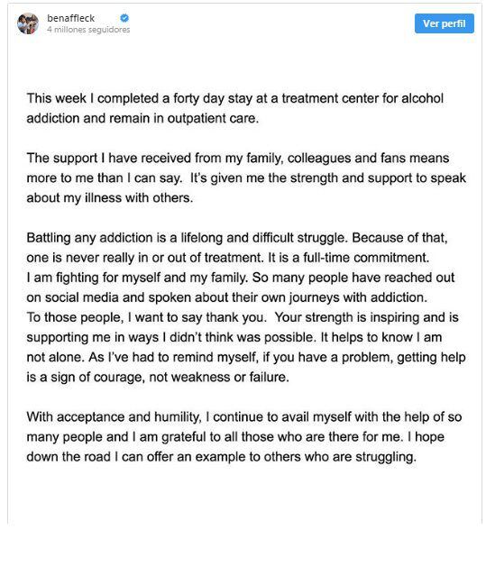 El actor Ben Affleck escribió conmovedora nota tras salir de rehabilitación