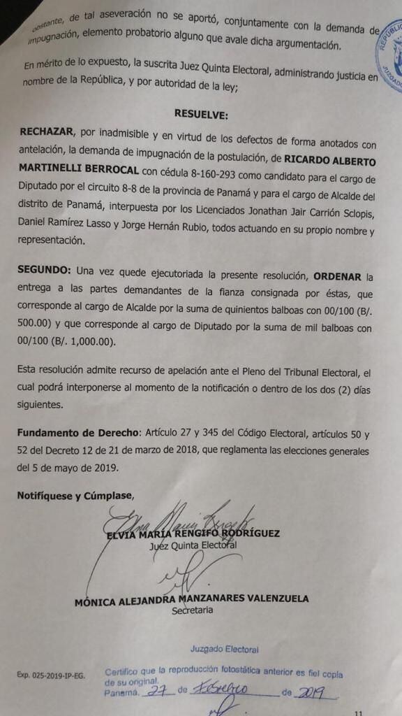 Rechazan impugnación contra candidaturas de Martinelli
