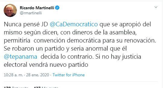 Ahora sí, Martinelli renunció al partido que fundó, Cambio Democrático. Video