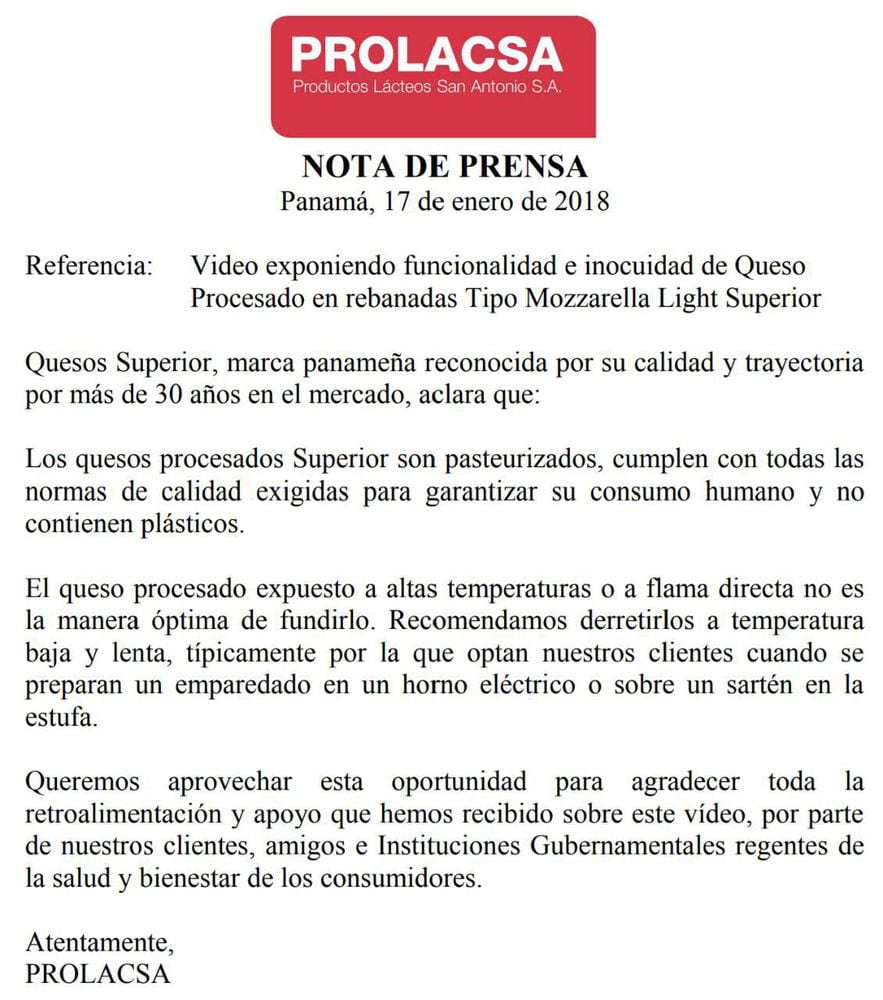 Empresa productora de Queso Superior se expresa sobre video