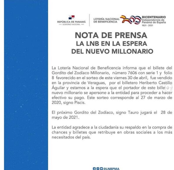 Lotería Nacional espera al nuevo millonario de Panamá