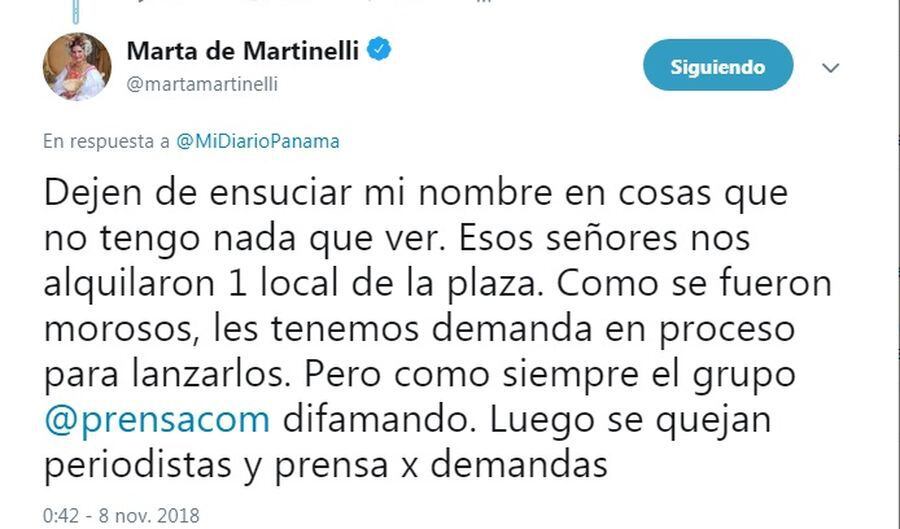 Marta de Martinelli reacciona. Limpia su nombre en investigación de Pandeportes