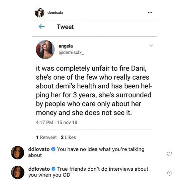 Demi Lovato se enfrasca en redes con fan por decisión de botar a entrenadora