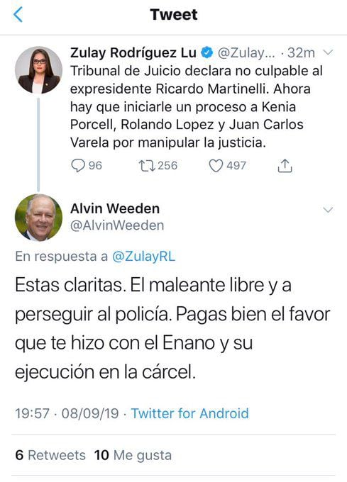 Fueeeerte. ’Salió huyendo, Zulay. No aguantó las cuatro verdades”, asegura Alvin Weeden