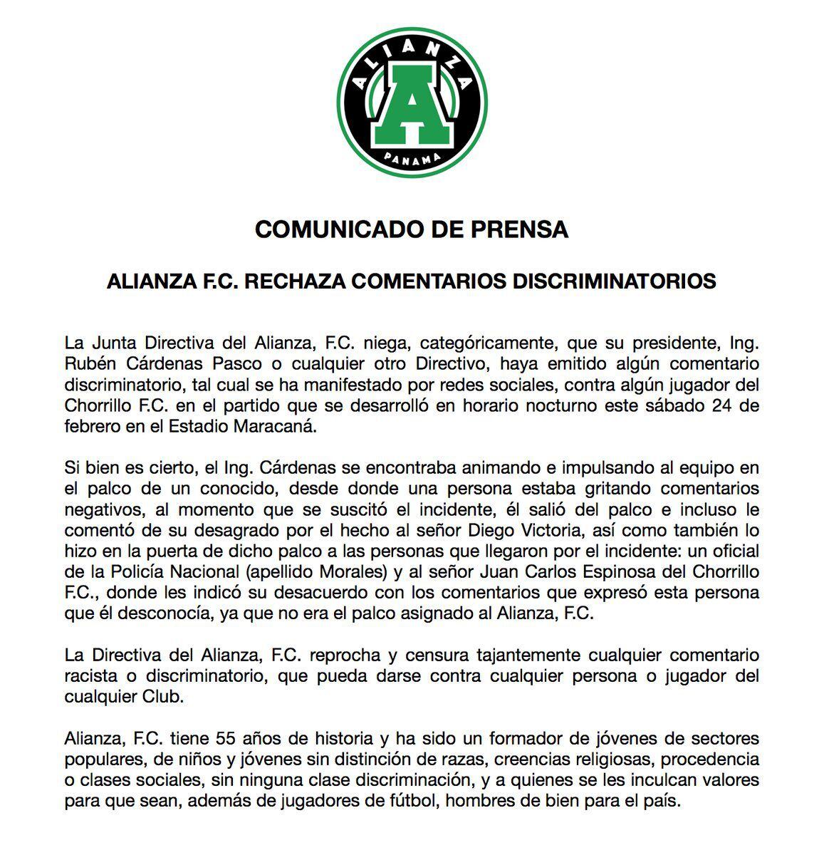 ¡Racismo!Chorrillo F.C. denuncia al director del Alianza F.C. por actos raciales