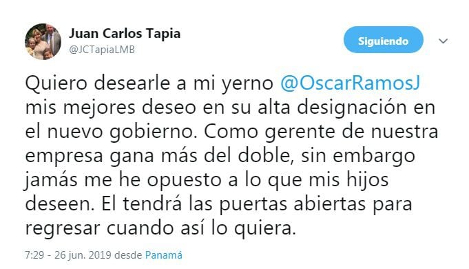 Juan Carlos Tapia asegura que su yerno con él gana más del doble, pero se va, aceptó designación en nuevo Gobierno