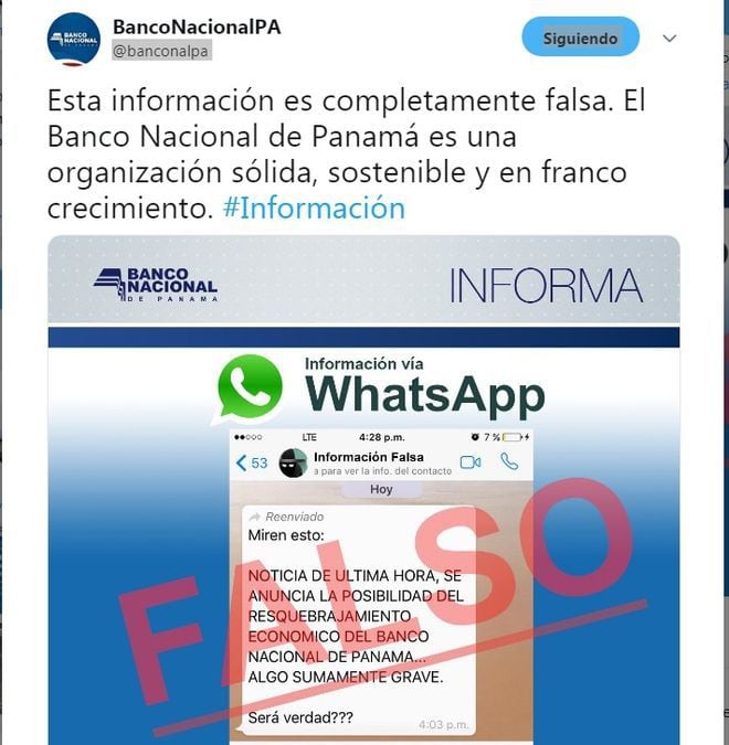 Crean zozobra por cadena de WhatsApp. Banco Nacional aclara