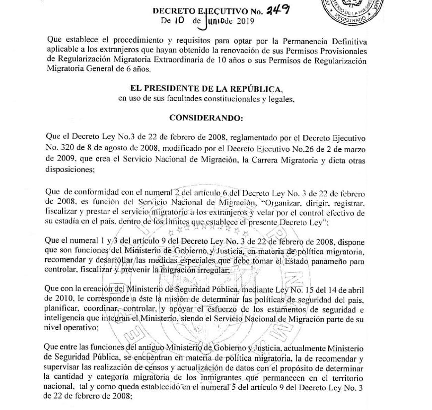 Migración da cumplimiento a Decreto Ejecutivo que otorga permanencia definitiva a extranjeros