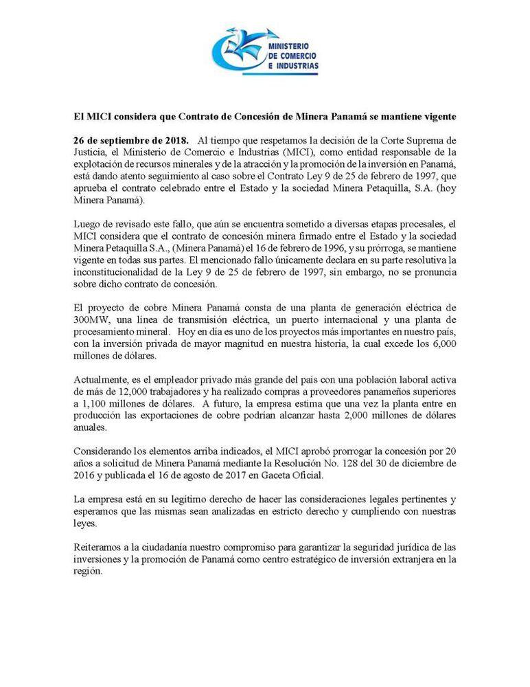 El MICI asegura que contrato con Minera Panamá sigue vigente