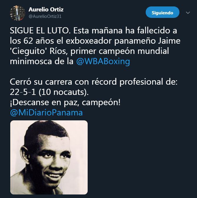 Luto en Panamá. Muere el primer campeón mundial minimosca de boxeo de la AMB